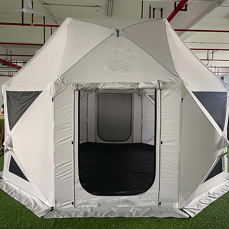 6-Person Hexagonal Hydraulic Glamping Gazebo Tent with Mesh Ventilation & UV Protection
