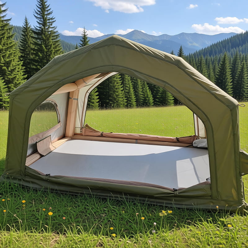 Water Camping Tent combining an enclosed camping shelter with a floating base for outdoor use on land and calm water environments.