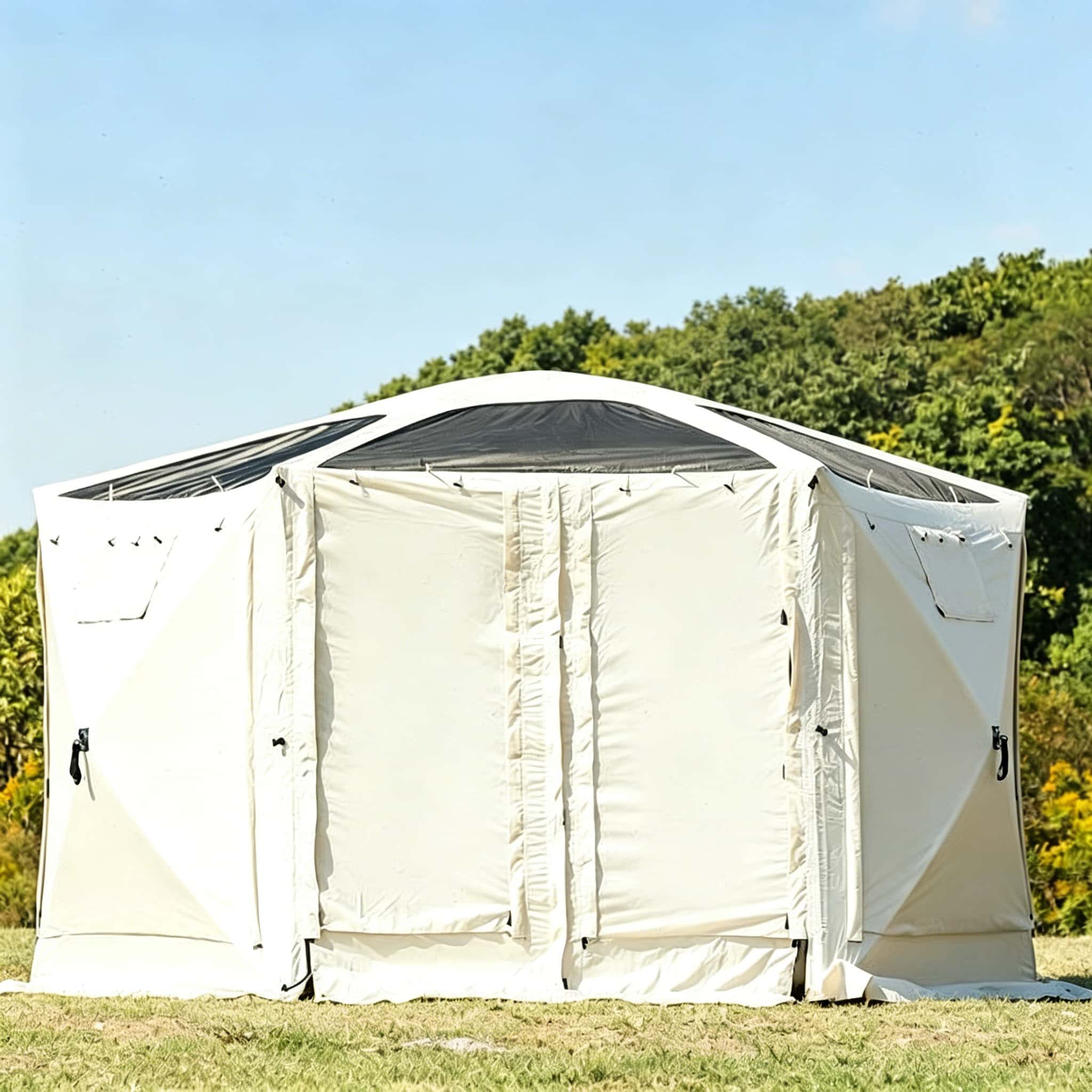 Lightweight Screen House with mesh walls and a covered roof, providing a practical screened outdoor space for seating, dining, or leisure activities.