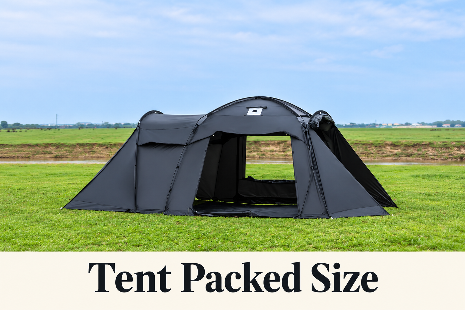 Website dark grey tunnel tent on grass with Tent Packed Size text.